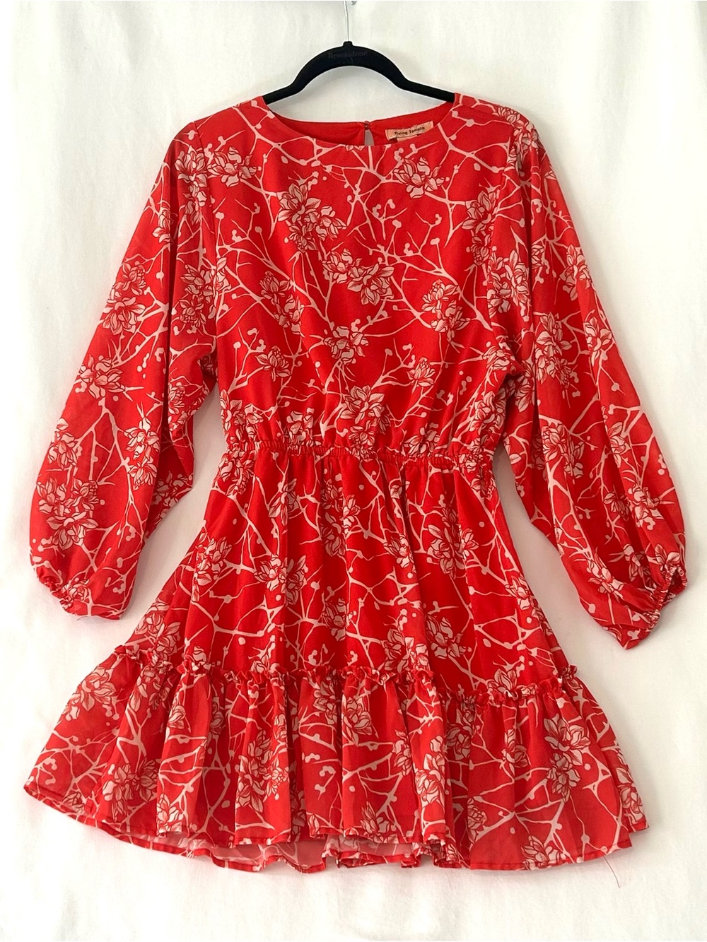 Flying Tomato Mini Floral Woven Dress SzM Red/Cream Balloon Sleeve Mini Tiered